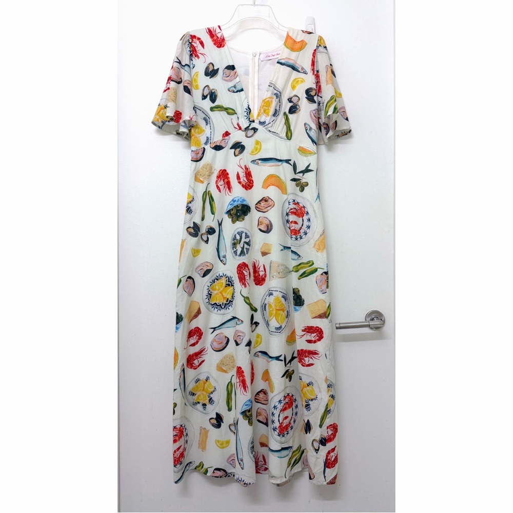 Lisa Says Gah Grace Food Print Midi Dress Tapas Ivory Lemon Olive Fruit S - Picture 2 of 16